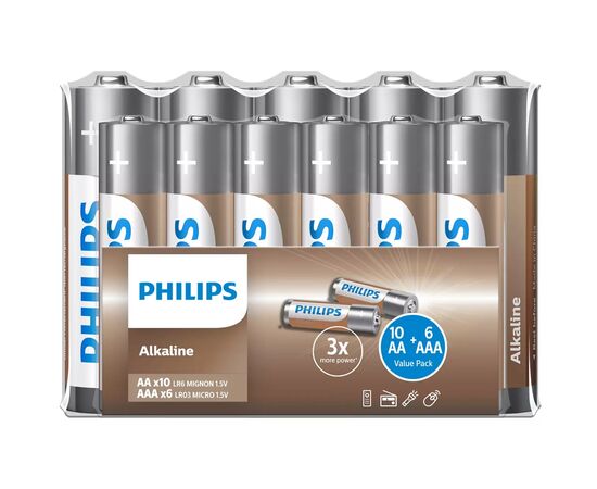Батарейка Philips AA+AAA Entry Alkaline 1.5V 10*LR6+6*LR03 pcs in shrink (LR036A16F/10)