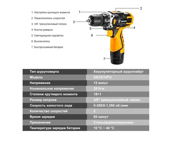 Шуруповерт Deko 12 DKCD12FU-S3 + 2 АКБ (12171), изображение 4