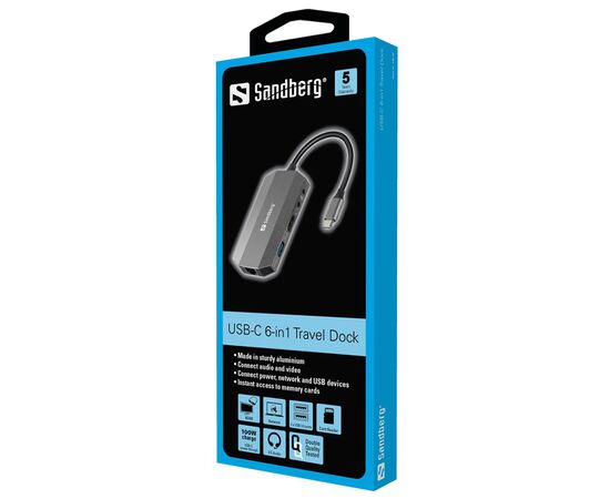 Концентратор Sandberg USB3.1 Type-C to HDMI/USB 3.0x2/RJ45/SD/TF/PD 100W 6in1 (136-33), изображение 2 Концентратор Sandberg USB3.1 Type-C to HDMI/USB 3.0x2/RJ45/SD/TF/PD 100W 6in1 (136-33), изображение 2