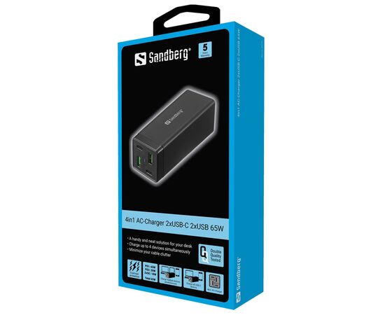 Зарядное устройство Sandberg 4in1 2xUSB-C 2xUSB PD 65W QC 3.0 20W (441-45), изображение 5 Зарядное устройство Sandberg 4in1 2xUSB-C 2xUSB PD 65W QC 3.0 20W (441-45), изображение 5