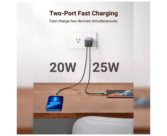 Зарядное устройство Ugreen 2xUSB 40W GAN (Type-C 25W+20W) PD CD294 White (90573), изображение 2 Зарядное устройство Ugreen 2xUSB 40W GAN (Type-C 25W+20W) PD CD294 White (90573), изображение 2