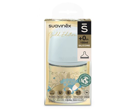 Пляшечка для годування Suavinex Gold Edition, повільний потік, 150 мл, блакитна (307869), зображення 3 Пляшечка для годування Suavinex Gold Edition, повільний потік, 150 мл, блакитна (307869), зображення 3