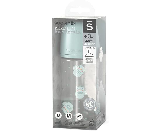 Пляшечка для годування Suavinex Bonhomia, повільний потік, 270 мл, зелена (307835), зображення 3 Пляшечка для годування Suavinex Bonhomia, повільний потік, 270 мл, зелена (307835), зображення 3