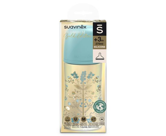 Пляшечка для годування Suavinex Gold Edition, повільний потік, 270 мл, блакитна (307872), зображення 3