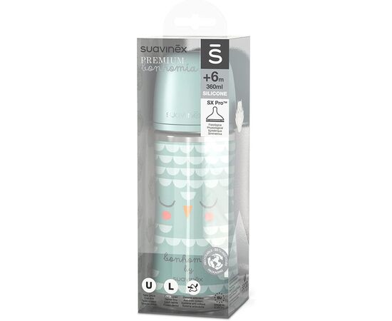 Бутылочка для кормления Suavinex Bonhomia, медленный поток, 360 мл, зеленый (307838), изображение 3 Бутылочка для кормления Suavinex Bonhomia, медленный поток, 360 мл, зеленый (307838), изображение 3