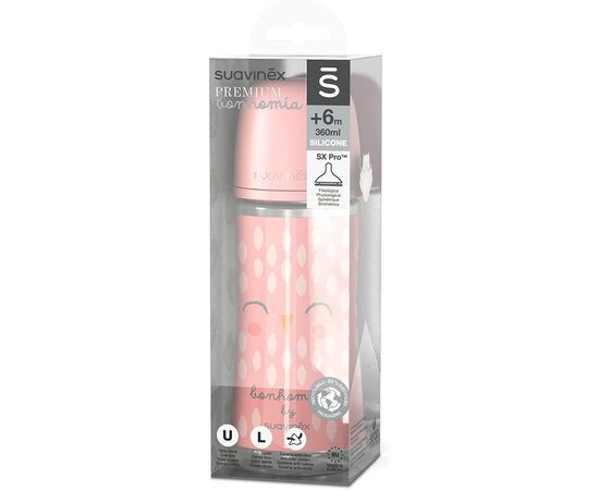 Пляшечка для годування Suavinex Bonhomia, повільний потік, 360 мл, рожева (307837), зображення 3 Пляшечка для годування Suavinex Bonhomia, повільний потік, 360 мл, рожева (307837), зображення 3