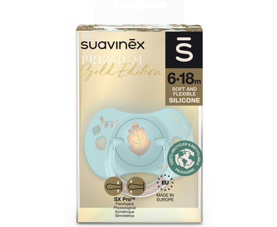 Пустышка Suavinex Gold Edition физиологическая, 6-18 мес, голубая (307859), изображение 3 Пустышка Suavinex Gold Edition физиологическая, 6-18 мес, голубая (307859), изображение 3