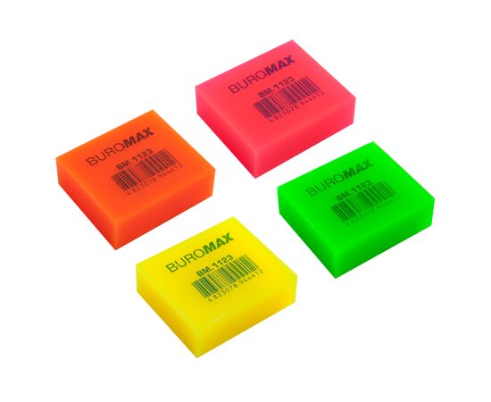 Ластик Buromax NEON, прямоугольная 40x35x14 мм, мягкий пластик, ассорти цветов (BM.1123), изображение 2 Ластик Buromax NEON, прямоугольная 40x35x14 мм, мягкий пластик, ассорти цветов (BM.1123), изображение 2