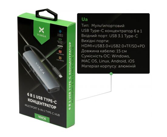 Концентратор Vinga USB Type-C 3.1 to HDMI+USB3.0+USB 2.0+SD/microSD+PD 6in1 (VHC6), изображение 4 Концентратор Vinga USB Type-C 3.1 to HDMI+USB3.0+USB 2.0+SD/microSD+PD 6in1 (VHC6), изображение 4