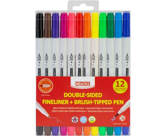 Фломастеры Maxi кисточки BRUSH-TIPPED + лайнеры 2в1, 12 цветов, линия 0,4-6 мм (MX15239)