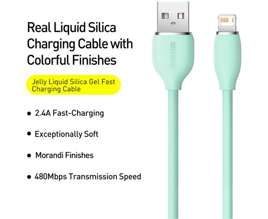Дата кабель USB 2.0 AM to Lightning 1.2m 2.4A Jelly Liquid Silica Gel Green Baseus (CAGD000006), изображение 2 Дата кабель USB 2.0 AM to Lightning 1.2m 2.4A Jelly Liquid Silica Gel Green Baseus (CAGD000006), изображение 2