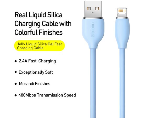 Дата кабель USB 2.0 AM to Lightning 2.0m 2.4A Jelly Liquid Silica Gel Blue Baseus (CAGD000103), изображение 2 Дата кабель USB 2.0 AM to Lightning 2.0m 2.4A Jelly Liquid Silica Gel Blue Baseus (CAGD000103), изображение 2