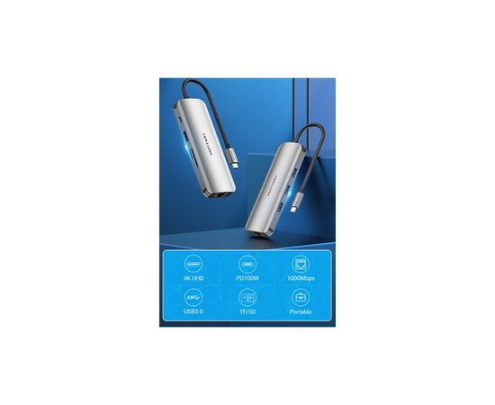 Концентратор Vention USB3.1 Type-C --> HDMI/USB 3.0x3/RJ45/SD/TF/PD 100W Hub 8-in (TOKHB), изображение 2 Концентратор Vention USB3.1 Type-C --> HDMI/USB 3.0x3/RJ45/SD/TF/PD 100W Hub 8-in (TOKHB), изображение 2