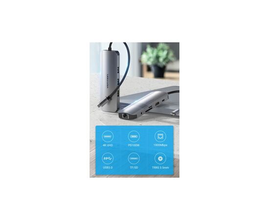 Концентратор Vention USB3.1 Type-C --> HDMI/USB 3.0x3/RJ45/SD/TF/TRRS 3.5mm/PD 10 (TOLHB), изображение 2 Концентратор Vention USB3.1 Type-C --> HDMI/USB 3.0x3/RJ45/SD/TF/TRRS 3.5mm/PD 10 (TOLHB), изображение 2
