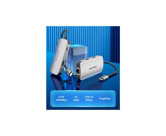 Концентратор Vention USB3.1 Type-C --> USB 3.0x3/RJ45 Gigabit/PD 100W Hub 5-in-1 (TNFHB), изображение 2 Концентратор Vention USB3.1 Type-C --> USB 3.0x3/RJ45 Gigabit/PD 100W Hub 5-in-1 (TNFHB), изображение 2