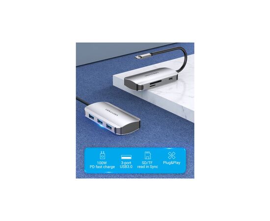 Концентратор Vention USB3.1 Type-C --> USB 3.0x3/SD/TF/PD 100W Hub 6-in-1 (TNHHB), изображение 2 Концентратор Vention USB3.1 Type-C --> USB 3.0x3/SD/TF/PD 100W Hub 6-in-1 (TNHHB), изображение 2
