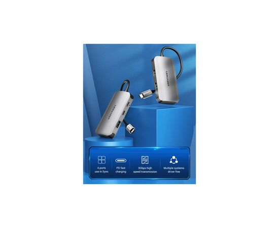 Концентратор Vention USB3.1 Type-C --> USB 3.0x3/USB-C Gen 1/PD 100W Hub 5-in-1 (TNDHB), изображение 2 Концентратор Vention USB3.1 Type-C --> USB 3.0x3/USB-C Gen 1/PD 100W Hub 5-in-1 (TNDHB), изображение 2