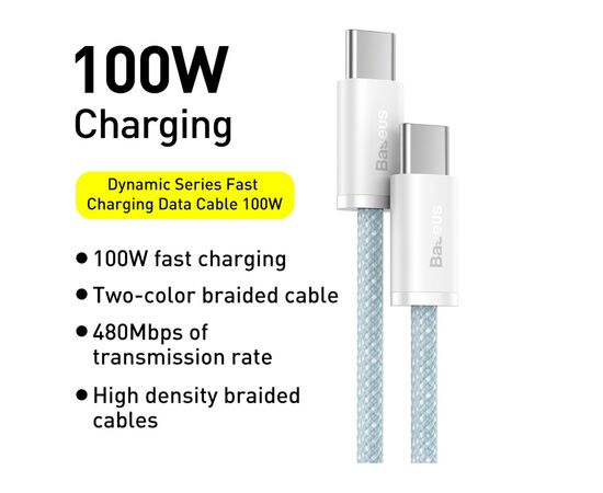 Дата кабель USB-C to USB-C 2.0m 5A Blue Baseus (CALD000303), изображение 2 Дата кабель USB-C to USB-C 2.0m 5A Blue Baseus (CALD000303), изображение 2