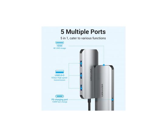 Концентратор Vention USB3.1 Type-C --> HDMI/USB 3.0x3/PD 100W Hub 5-in-1 (TODHB), изображение 4 Концентратор Vention USB3.1 Type-C --> HDMI/USB 3.0x3/PD 100W Hub 5-in-1 (TODHB), изображение 4