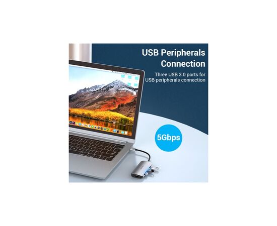 Концентратор Vention USB3.1 Type-C --> HDMI/USB 3.0x3/PD 100W Hub 5-in-1 (TODHB), изображение 5 Концентратор Vention USB3.1 Type-C --> HDMI/USB 3.0x3/PD 100W Hub 5-in-1 (TODHB), изображение 5
