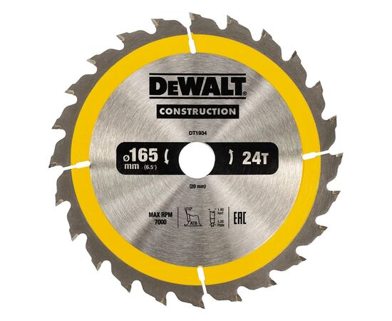Диск пильний DeWALT CONSTRUCTION, 165х20 мм, 24z (ATB), +10 град (DT1934)