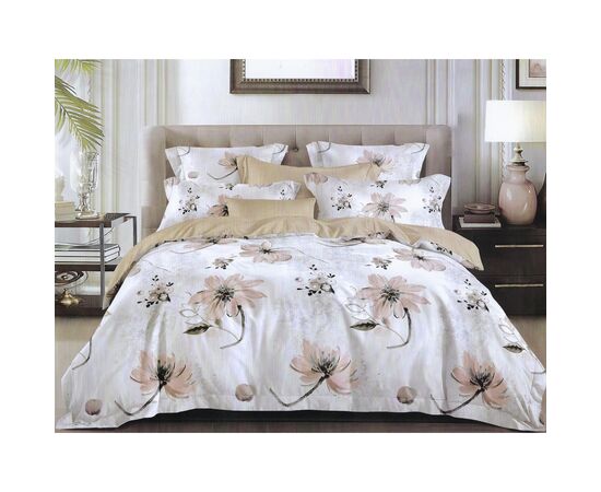 Постельное белье ШЕМ Royal Satin бежевый принт цветы двуспальный 180 х 220 (1,8 RS_беж квіти принт)