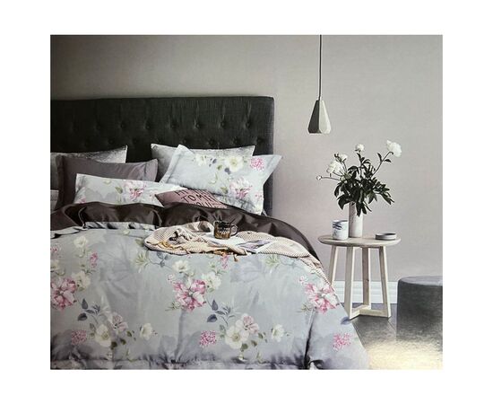 Постельное белье ШЕМ Royal Satin голубовато-коричневая с цветами евро 220 х 200 (євро RS_блакитно коричнева з квітами)