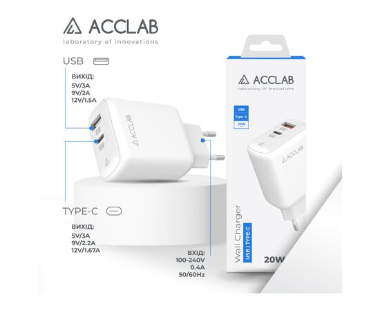 Зарядное устройство ACCLAB AL-TC220 (1xUSB, 1xType-C) (1283126556494), изображение 3 Зарядное устройство ACCLAB AL-TC220 (1xUSB, 1xType-C) (1283126556494), изображение 3