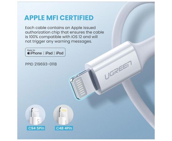 Дата кабель USB-C to Lightning 1.0m US171 MFI White Ugreen (US171/10493), изображение 5 Дата кабель USB-C to Lightning 1.0m US171 MFI White Ugreen (US171/10493), изображение 5