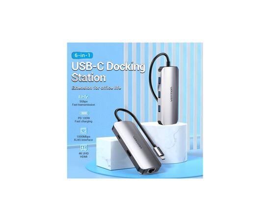 Концентратор Vention USB3.1 Type-C --> HDMI/USB 3.0x3/RJ45/PD 100W Hub 6-in-1 (TOHHB), изображение 3 Концентратор Vention USB3.1 Type-C --> HDMI/USB 3.0x3/RJ45/PD 100W Hub 6-in-1 (TOHHB), изображение 3