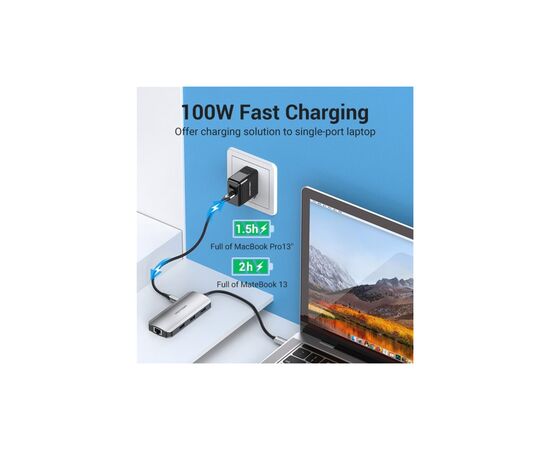 Концентратор Vention USB3.1 Type-C --> HDMI/USB 3.0x3/RJ45/PD 100W Hub 6-in-1 (TOHHB), изображение 7 Концентратор Vention USB3.1 Type-C --> HDMI/USB 3.0x3/RJ45/PD 100W Hub 6-in-1 (TOHHB), изображение 7