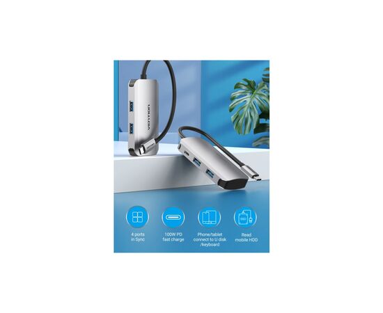 Концентратор Vention USB3.1 Type-C --> USB 3.0x4/PD 100W Hub 5-in-1 (TNBHB), изображение 2 Концентратор Vention USB3.1 Type-C --> USB 3.0x4/PD 100W Hub 5-in-1 (TNBHB), изображение 2