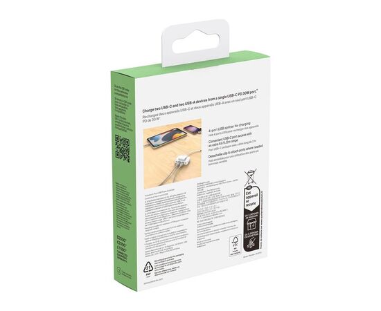 Концентратор Belkin BoostCharge 2хUSB-C/2хUSB-A 2.0m white (no data transfer) (BUZ001BT2MWHB7), изображение 6 Концентратор Belkin BoostCharge 2хUSB-C/2хUSB-A 2.0m white (no data transfer) (BUZ001BT2MWHB7), изображение 6