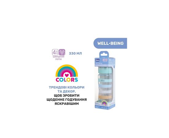 Бутылочка для кормления Chicco Well-Being Colors с силиконовой соской 4м+ 330 мл Мятная (28637.21), изображение 7