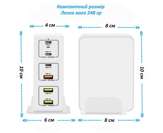Зарядное устройство XoKo QC-490 6 ports 120W 3xType-C (QC-490-WH), изображение 3