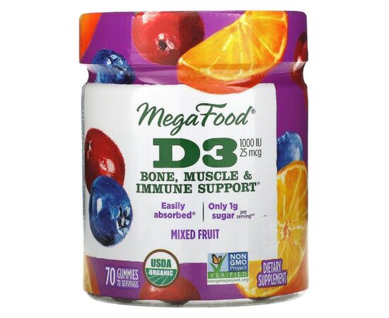 Витамин MegaFood Витамин D3, 1000 IU, Wellness, Вкус Фруктов, 70 Желейных Конфет (MGF-10412)