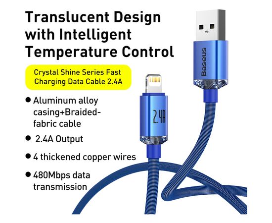 Дата кабель USB 2.0 AM to Lightning 1.2m 2.4A Blue Baseus (948086), изображение 9 Дата кабель USB 2.0 AM to Lightning 1.2m 2.4A Blue Baseus (948086), изображение 9
