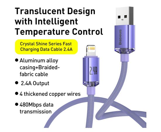 Дата кабель USB 2.0 AM to Lightning 1.2m 2.4A Purple Baseus (948087), изображение 3 Дата кабель USB 2.0 AM to Lightning 1.2m 2.4A Purple Baseus (948087), изображение 3