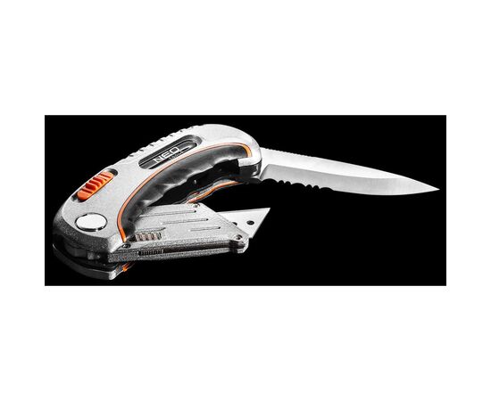 Нож монтажный Neo Tools складной, 2 наконечника, 5 трапециевидных лезвий в наборе, чехол (63-710), изображение 3 Нож монтажный Neo Tools складной, 2 наконечника, 5 трапециевидных лезвий в наборе, чехол (63-710), изображение 3