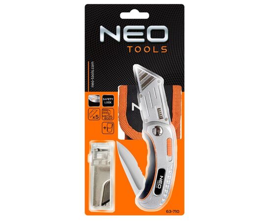 Нож монтажный Neo Tools складной, 2 наконечника, 5 трапециевидных лезвий в наборе, чехол (63-710), изображение 6 Нож монтажный Neo Tools складной, 2 наконечника, 5 трапециевидных лезвий в наборе, чехол (63-710), изображение 6