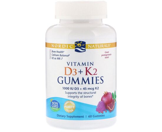 Витамин Nordic Naturals Жевательные витамины D3 + K2, Гранат, Vitamin D3 K2 Gummies, (NOR-31160)