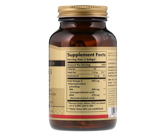 Жирні кислоти Solgar Омега-3, ЕПК і ДГК, Triple Strength, 950 мг, 50 желатинових (SOL-02057), зображення 2 Жирні кислоти Solgar Омега-3, ЕПК і ДГК, Triple Strength, 950 мг, 50 желатинових (SOL-02057), зображення 2