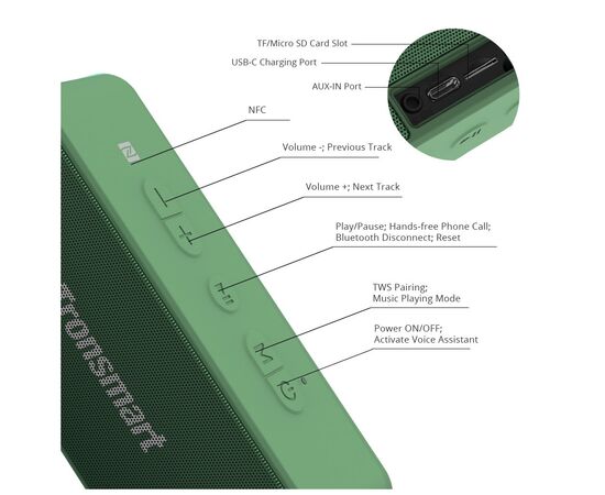 Акустическая система Tronsmart Element T2 Plus Green (370729), изображение 7 Акустическая система Tronsmart Element T2 Plus Green (370729), изображение 7