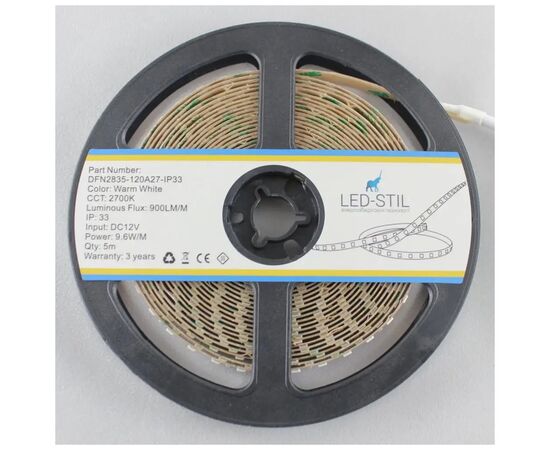 Светодиодная лента LED-STIL 2700K 9,6 Вт/м 2835 120 діодів IP33 12 Вольт 900 lm (DFN2835-120A27-IP33), изображение 4 Светодиодная лента LED-STIL 2700K 9,6 Вт/м 2835 120 діодів IP33 12 Вольт 900 lm (DFN2835-120A27-IP33), изображение 4