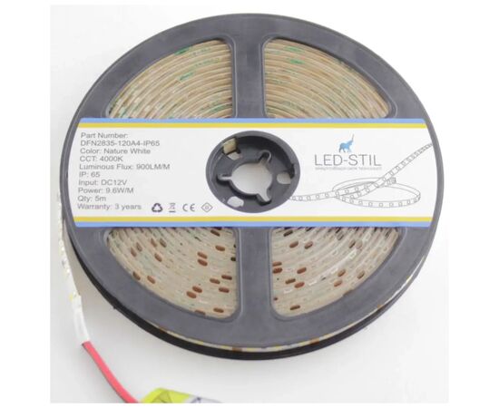Светодиодная лента LED-STIL 4000K 9,6 Вт/м 2835 120 діодів IP65 12 Вольт 850 lm нейтральне світло (DFN2835-120A4-IP65), изображение 3 Светодиодная лента LED-STIL 4000K 9,6 Вт/м 2835 120 діодів IP65 12 Вольт 850 lm нейтральне світло (DFN2835-120A4-IP65), изображение 3