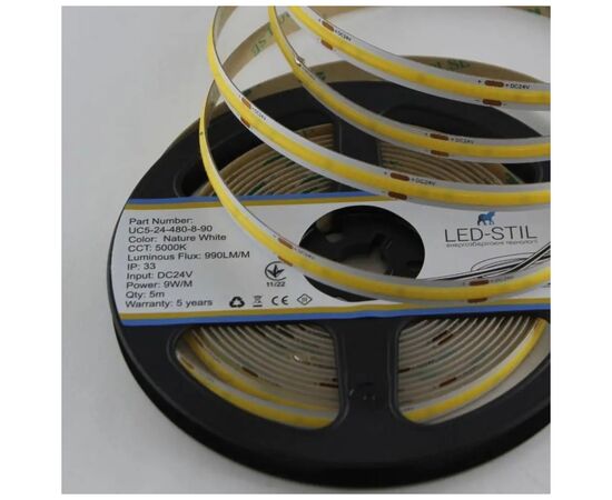 Светодиодная лента LED-STIL 5000K 9 Вт/м COB 480 діодів IP33 24 Вольта 990 lm біле денне світло (UC5-24-480-8-90), изображение 2 Светодиодная лента LED-STIL 5000K 9 Вт/м COB 480 діодів IP33 24 Вольта 990 lm біле денне світло (UC5-24-480-8-90), изображение 2