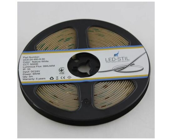 Светодиодная лента LED-STIL 5000K 9 Вт/м COB 480 діодів IP33 24 Вольта 990 lm біле денне світло (UC5-24-480-8-90), изображение 5 Светодиодная лента LED-STIL 5000K 9 Вт/м COB 480 діодів IP33 24 Вольта 990 lm біле денне світло (UC5-24-480-8-90), изображение 5