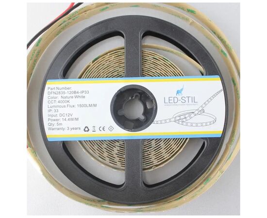 Светодиодная лента LED-STIL 4000K 14,4 Вт/м 2835 120 діодів IP33 12 Вольт 1500 lm нейтральне світло (DFN2835-120B4-IP33), изображение 4 Светодиодная лента LED-STIL 4000K 14,4 Вт/м 2835 120 діодів IP33 12 Вольт 1500 lm нейтральне світло (DFN2835-120B4-IP33), изображение 4