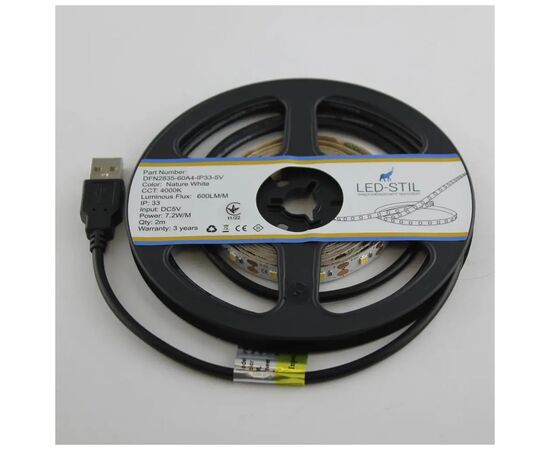 Светодиодная лента LED-STIL 4000K 7,2 Вт/м 2835 60 діодів IP33 5 Вольт 700 lm нейтральне світло (DFN2835-60A4-IP33-5V), изображение 3 Светодиодная лента LED-STIL 4000K 7,2 Вт/м 2835 60 діодів IP33 5 Вольт 700 lm нейтральне світло (DFN2835-60A4-IP33-5V), изображение 3