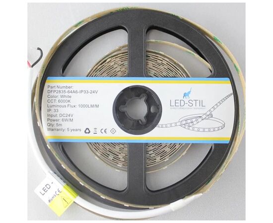 Светодиодная лента LED-STIL 6000K 6 Вт/м 2835 64 діода IP33 24 Вольта 1000 lm холодне світло (DFP2835-64A6-IP33-24V), изображение 4 Светодиодная лента LED-STIL 6000K 6 Вт/м 2835 64 діода IP33 24 Вольта 1000 lm холодне світло (DFP2835-64A6-IP33-24V), изображение 4